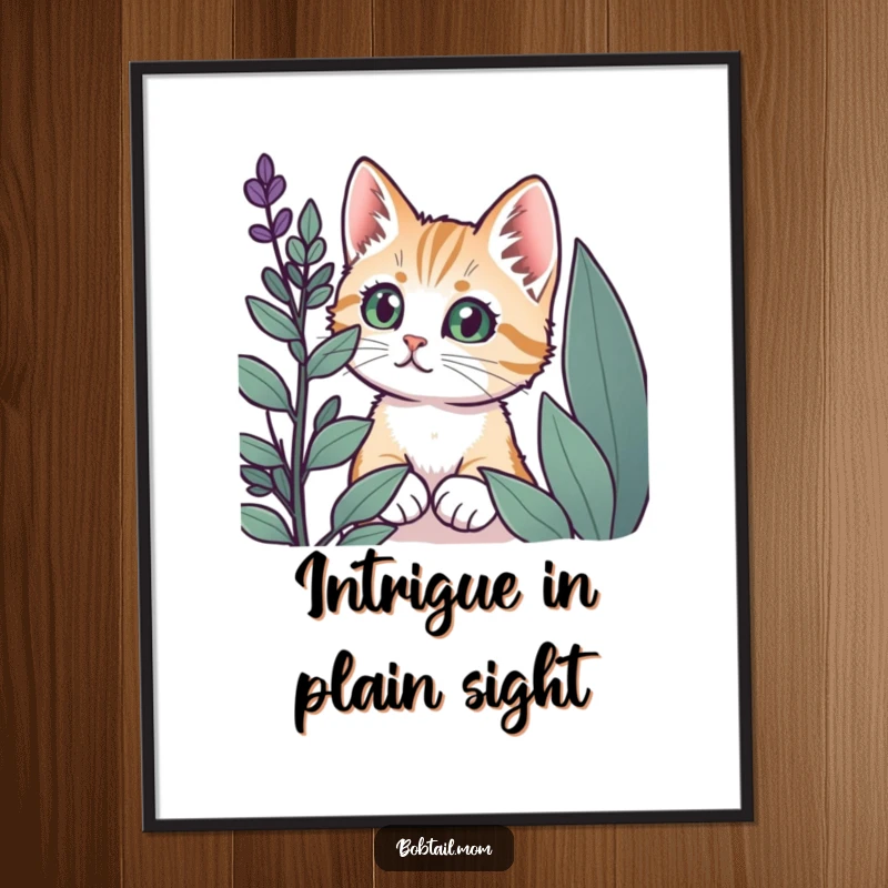 Funny Bobtail cat with wide eyes peeking from behind a plant, available as instant digital art.