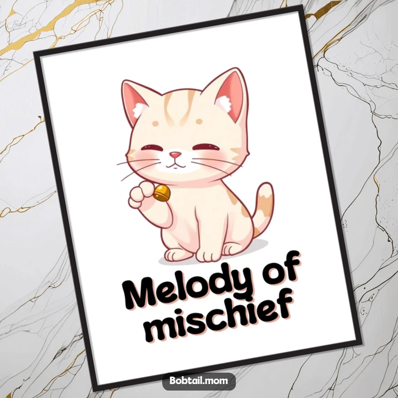 Funny Bobtail Cat Digital Art Print of a Bobtail cat's dainty paw delicately tapping a bell, for charming and playful decor.