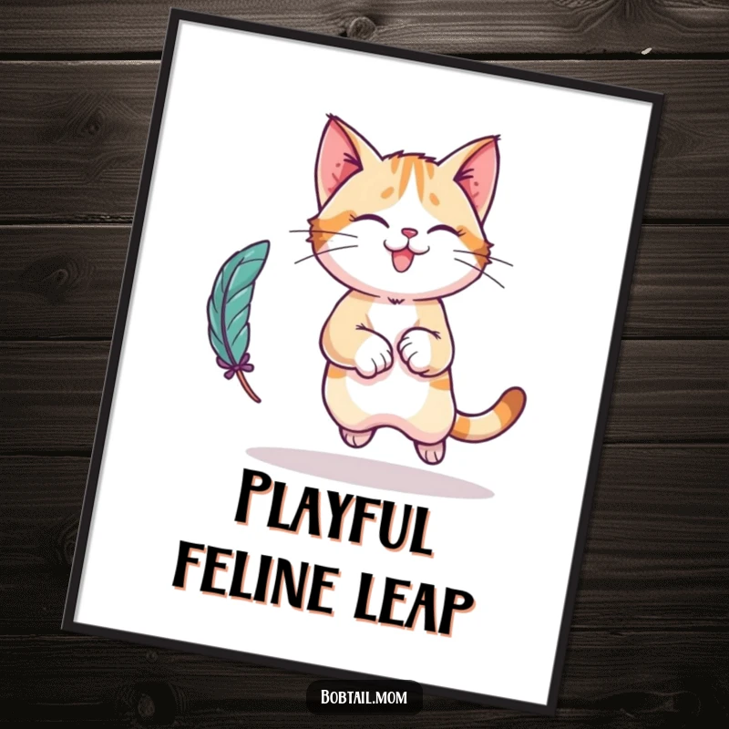 Funny Bobtail cat character digital art print, capturing a dynamic playful leap while chasing a feather toy, full of energy.