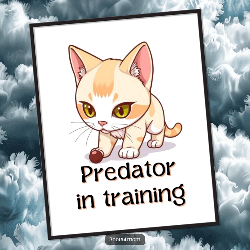 Funny Bobtail Cat Digital Art Print of a determined Bobtail cat in a stalking pose, conveying humor and focused action.