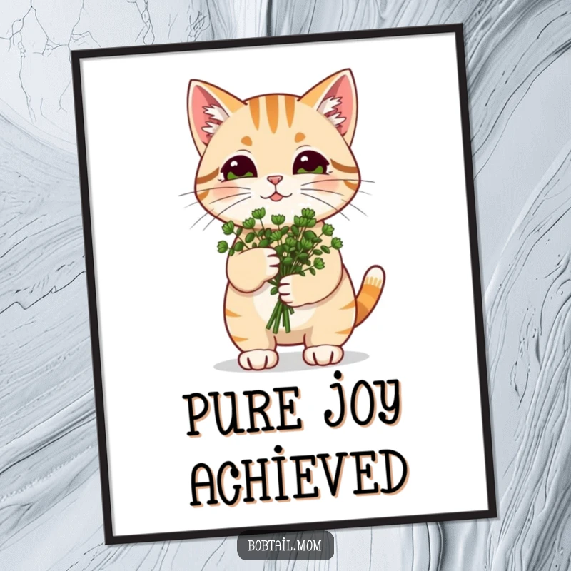 Funny Catnip Bobtail Cat Digital Art Print: Cat carrying catnip, offering instant, joyful, and funny wall art.