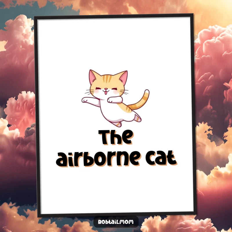 Funny Bobtail cat in ballet slippers, captured mid-leap, elegant digital art for humorous and graceful wall decor.