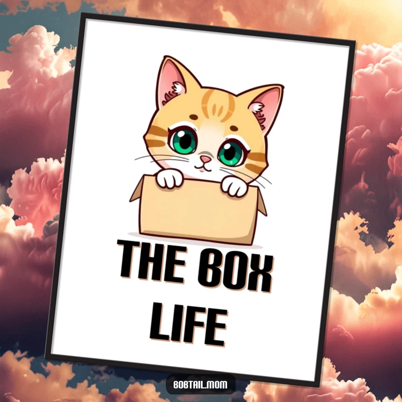 Funny Bobtail Cat Digital Art Print of a cute cat peeking curiously from a box, capturing intrigue and a humorous feline presence.