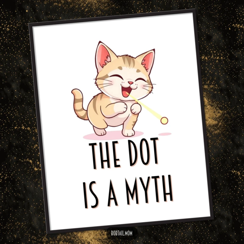 Funny Bobtail cat digital art print showing a delighted cat leaping, eyes wide, chasing a bright laser pointer dot with hilarious enthusiasm.