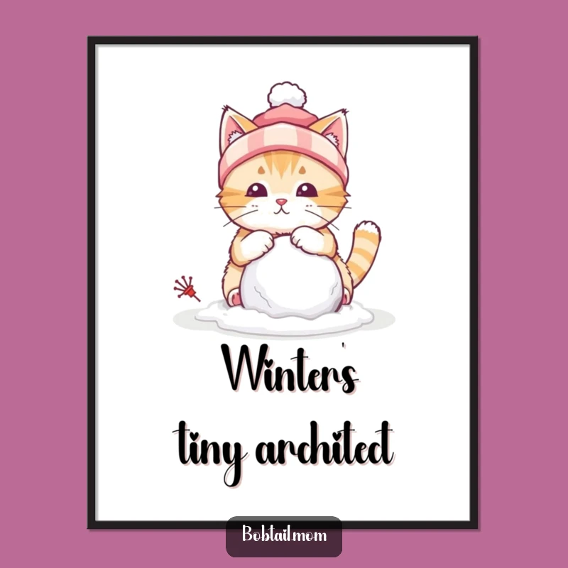 Funny Bobtail Cat Winter Digital Art Print: Hilarious Snowball Wall Decor