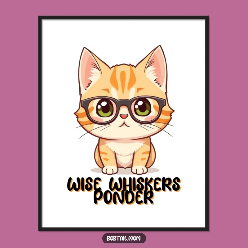 Funny Bobtail Cat Glasses Digital Art: Curious Feline Print Gift