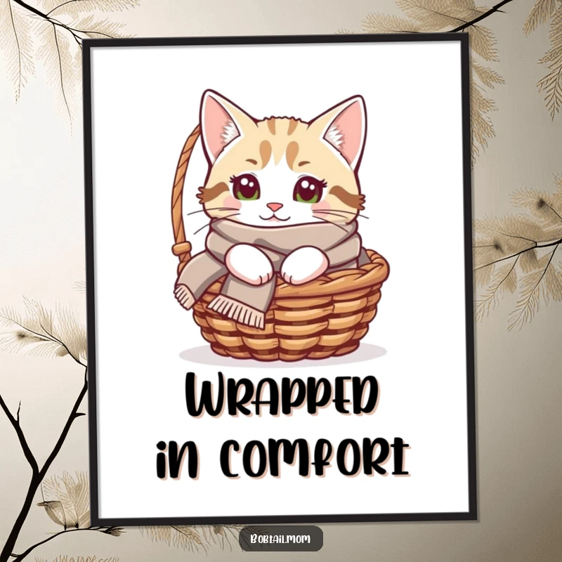 Funny Bobtail cat digital art print of a cat with a cozy scarf peeking from a basket, perfect for instant cozy decor.