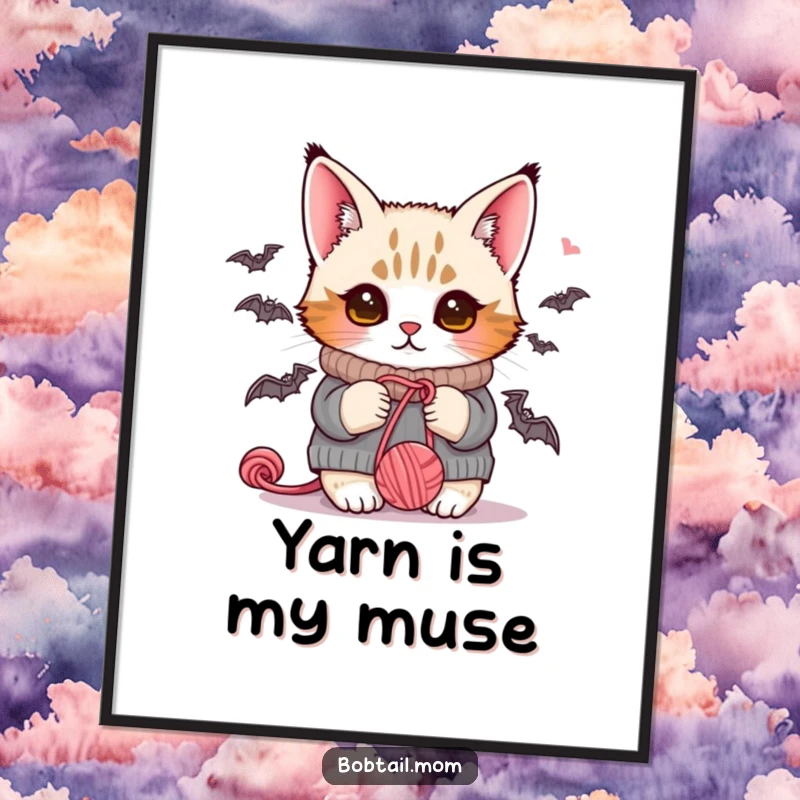 Funny Bobtail cat in a sweater, batting enthusiastically at a ball of yarn, vibrant digital art for instant wall decor.