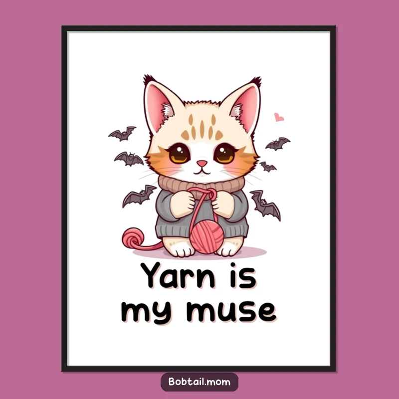 Funny Bobtail Cat Sweater Yarn Digital Art - Instant Hilarious Cat Decor