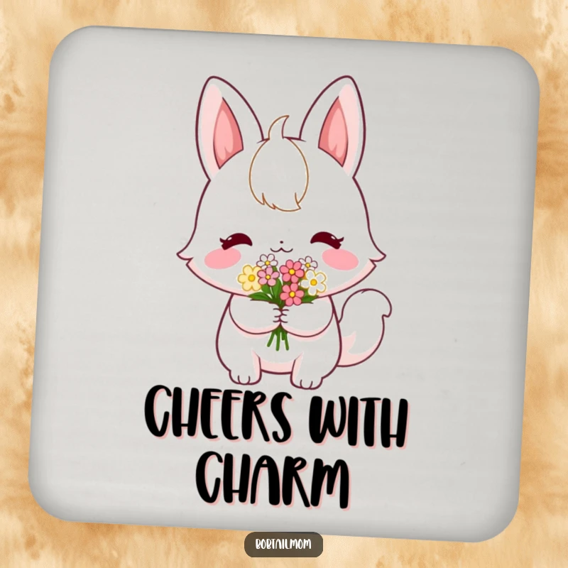 Funny Bobtail Coaster: A shy bobtail cat offering flowers, protecting surfaces with heartwarming humor.
