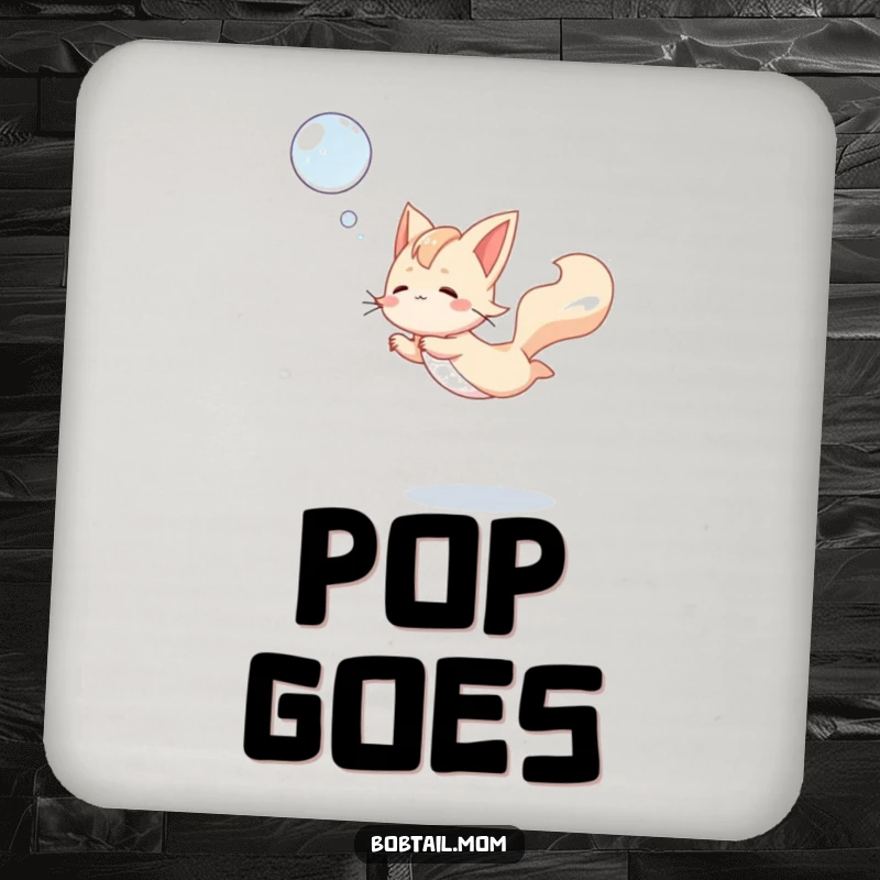 Funny Bobtail Drink Coasters showcasing a dog mid-leap catching a bubble, protecting surfaces with playful humor.