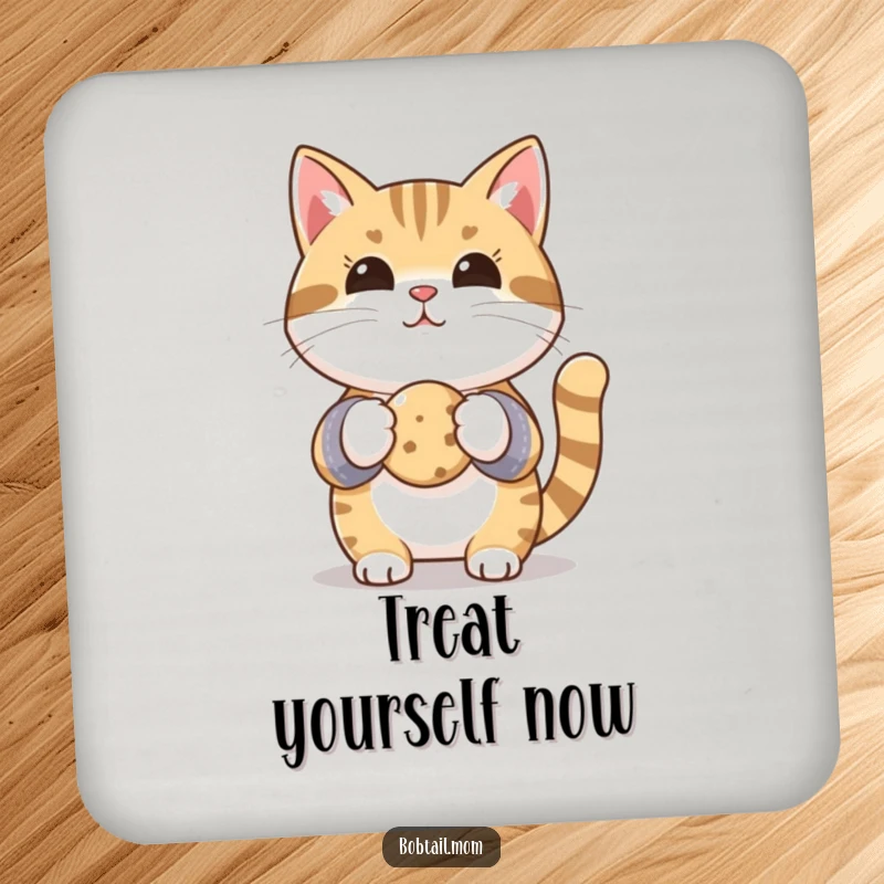 Funny Bobtail cat in oven mitts, holding a cookie, offering humorous and practical surface protection for bakers.