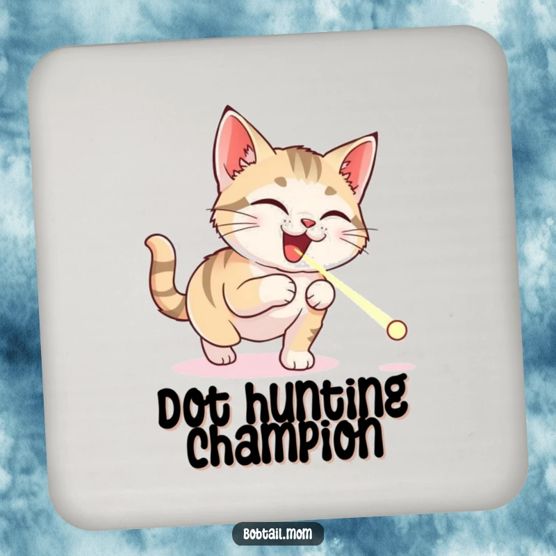 Funny Bobtail cat coaster depicting a delighted cat fixated on a tiny laser pointer dot, offering both protection and humor.