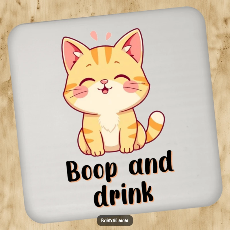 Funny Bobtail cat drink coasters featuring a friendly cat giving a gentle head boop, protecting furniture with feline charm.