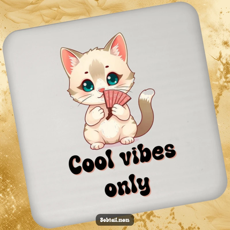 Funny chic Bobtail cat fanning itself with a decorative fan. Humorous coasters, a cute and funny gift for chic cat owners.