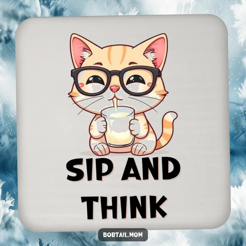 Funny drink coaster with a Bobtail cat wearing reading glasses and sipping milk, a humorous and protective accessory for tabletops.