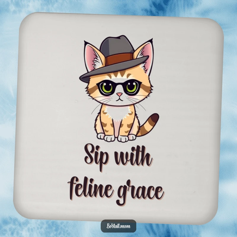 Funny bobtail cat wearing an elegant hat, posing with grace, on a set of drink coasters.