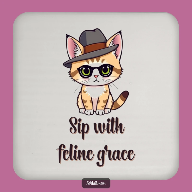 Funny Bobtail Cat Hat Coasters (Set of 2) - Feline Drink Funny Gift
