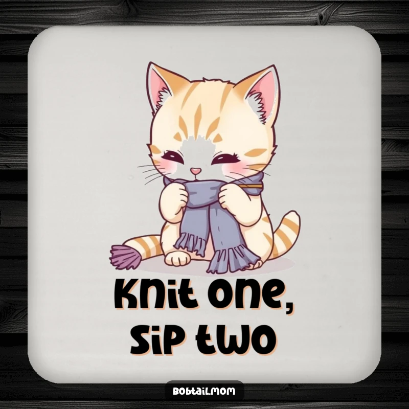 Funny Bobtail cat focused on knitting a small scarf, yarn nearby. Humorous coasters, a cute and funny gift for cat owners.