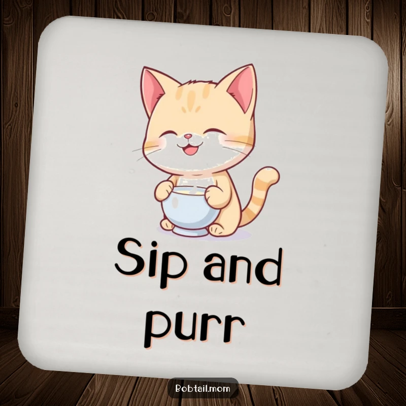 Funny Bobtail cat balancing a milk saucer, ideal for protecting surfaces on this set of drink coasters.
