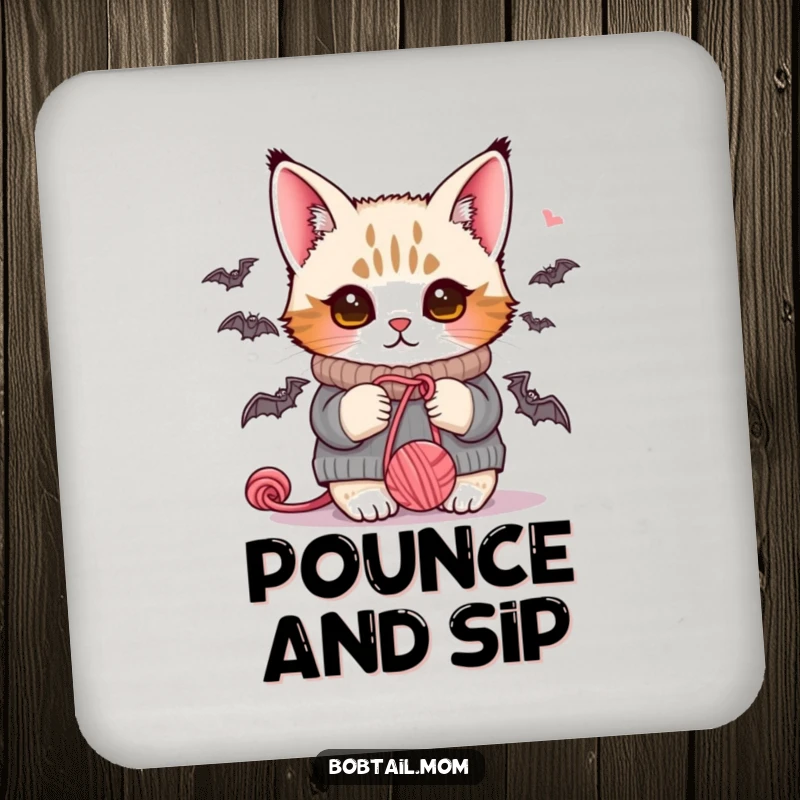 Funny Bobtail cat in a sweater, playfully interacting with yarn, protecting your surfaces with adorable humor.
