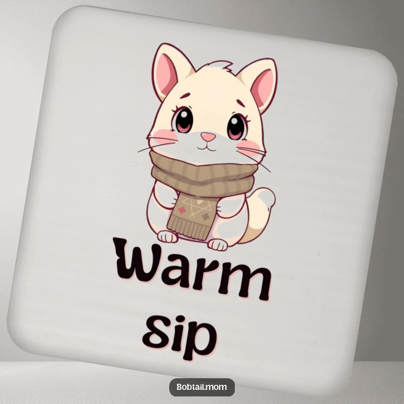 Funny Bobtail Drink Coasters showcasing a dog wearing a knitted scarf, looking cozy and attentive, protecting surfaces with charm.