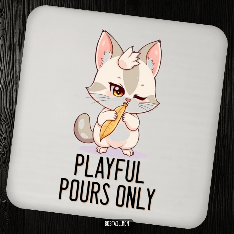 Funny Bobtail Coaster: A mischievous bobtail cat batting at a feather, protecting surfaces with humorous charm.