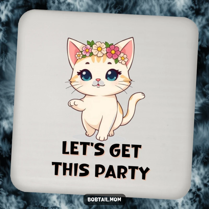 Funny drink coaster with a bobtail cat wearing a flower crown, prancing gaily, adding a whimsical flair.