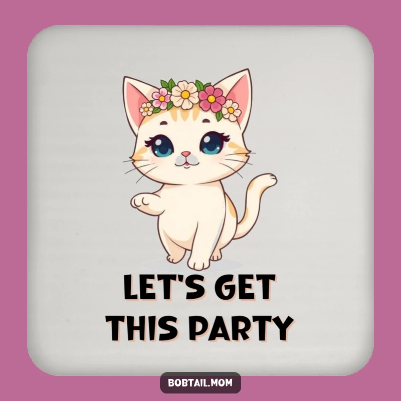 Funny Bobtail Cat Flower Crown Drink Coaster: Protect Surfaces with Hilarious Prancing Art