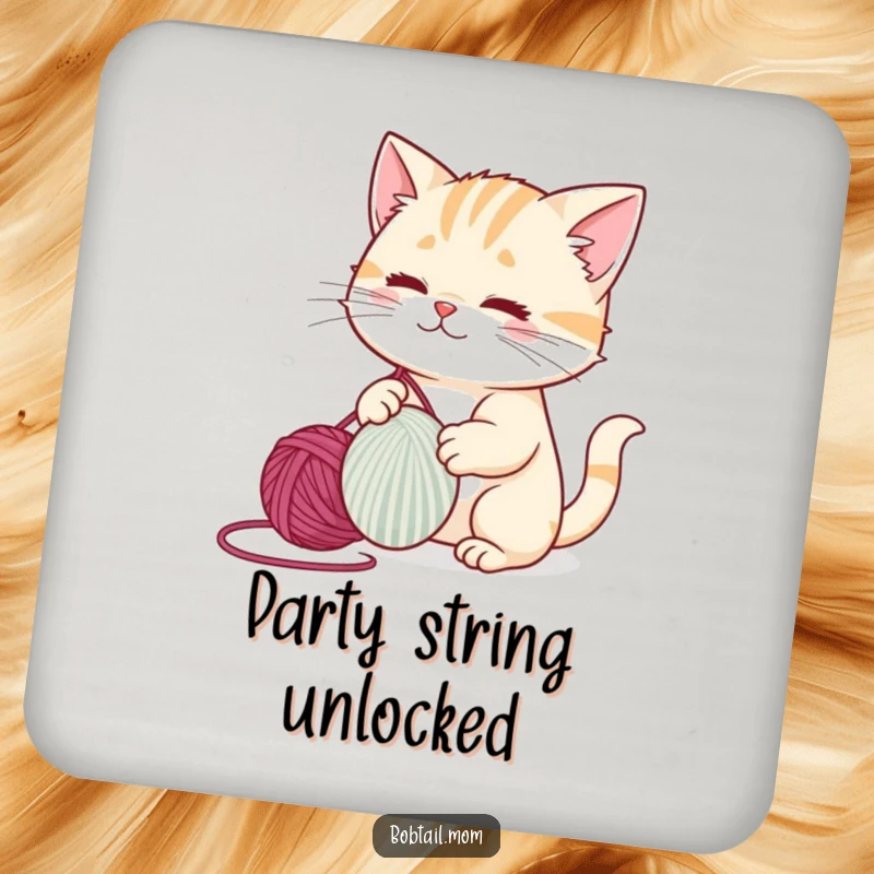 Funny bobtail cat playing with yarn, protecting surfaces with these decorative drink coasters.
