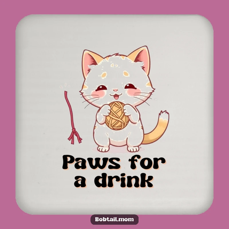 Funny Bobtail Cat Coaster: Playful Cat Batting Yarn