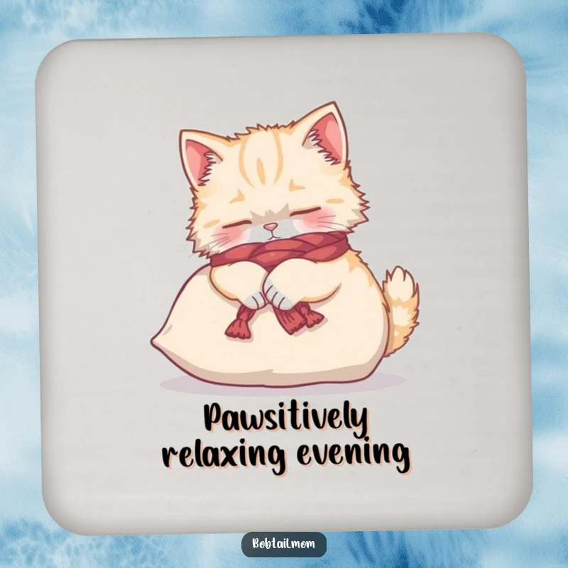 Funny Bobtail cat wearing a yarn scarf, kneading a cushion, printed on a protective drink coaster.