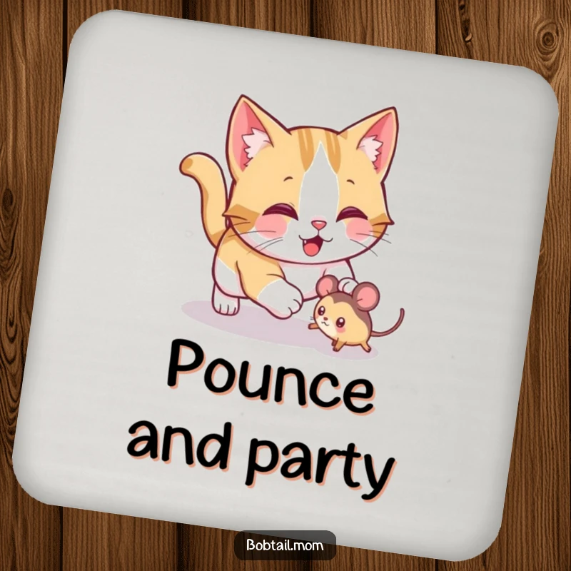 Funny Bobtail cat drink coasters featuring a jolly cat playfully pouncing on a toy mouse, protecting furniture with feline fun.