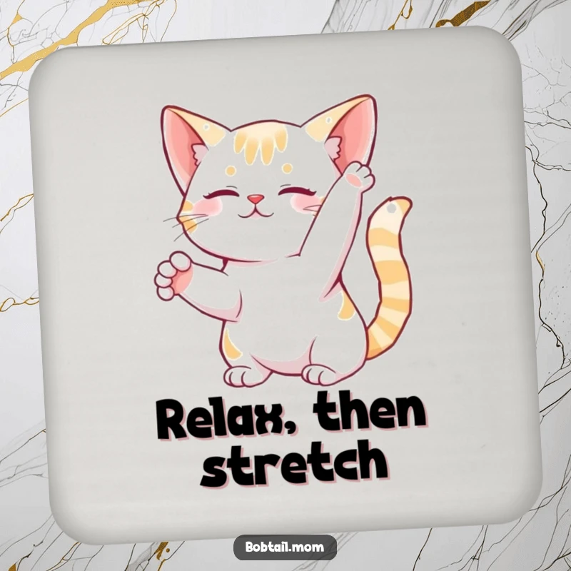 Funny Bobtail Cat Coaster featuring a graceful feline in a gentle stretch, offering humorous surface protection.