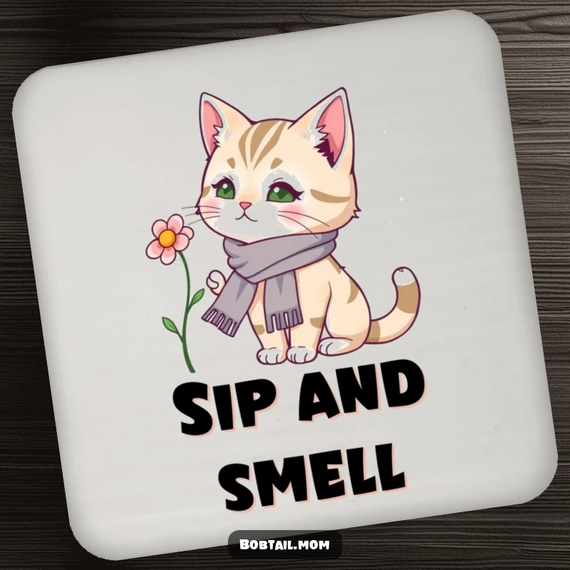 Funny Bobtail Cat Coaster: A bobtail cat in a dainty scarf is depicted admiring a beautiful flower.
