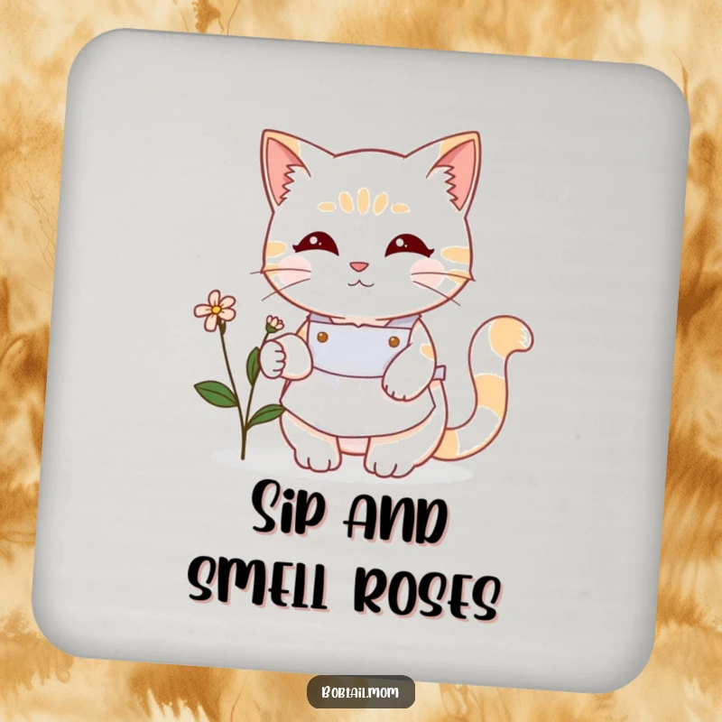 Funny Bobtail cat in a cute apron tending a small flower. Humorous coasters, a cute and funny gift for gardeners.