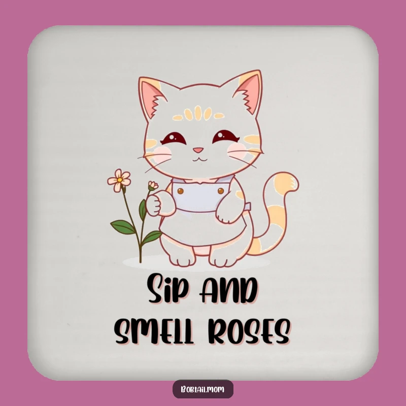 Funny Bobtail Cat Gardener Coaster Set: Protect Surfaces with Floral Feline Fun
