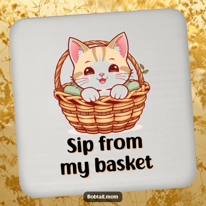 Funny drink coaster featuring a cheerful Bobtail cat peeking from a cozy basket, adding cozy charm.