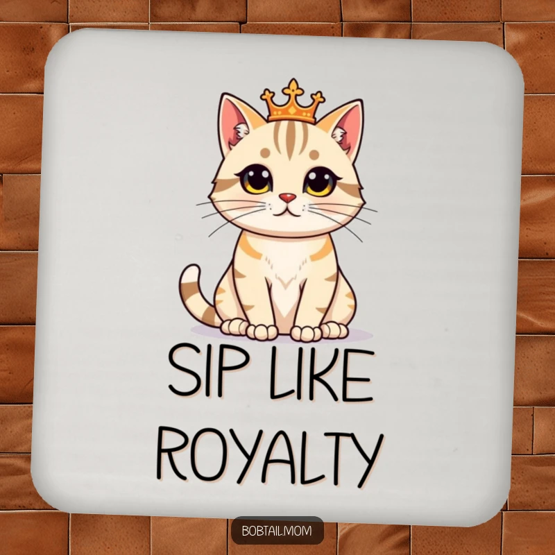 Funny Bobtail Cat Coaster featuring a proud feline sitting regally, offering humorous surface protection with majestic dignity.