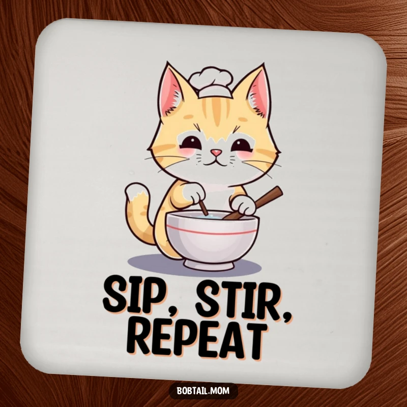 Funny Bobtail cat chef wearing a tiny hat, stirring a miniature bowl, featured on a protective, humorous drink coaster.