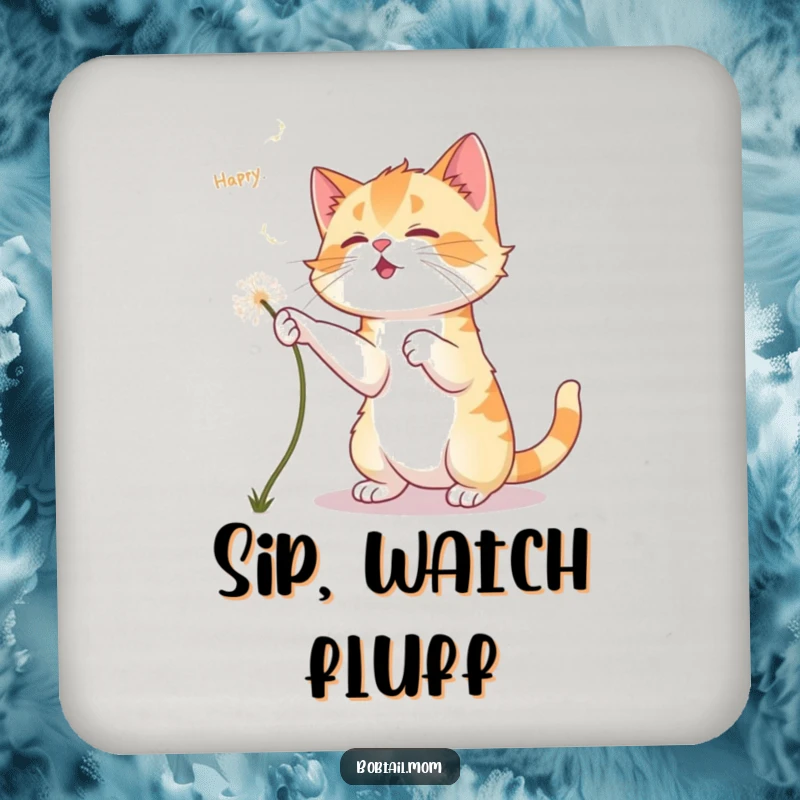 Funny Bobtail Cat Coaster: A Bobtail cat playfully chases dandelion fluff, adding humorous feline protection to surfaces.