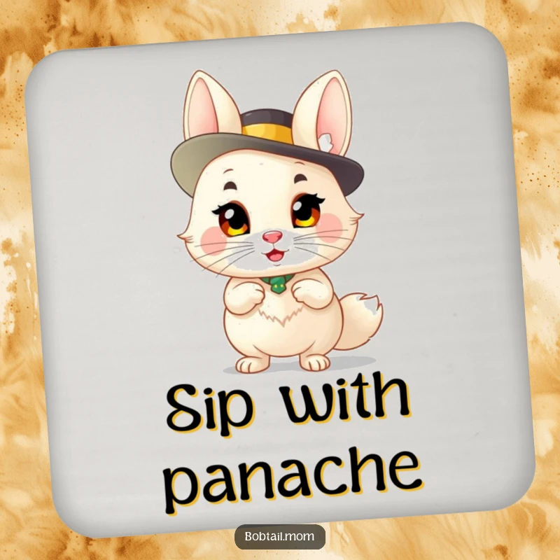 Funny Bobtail Coaster: A sassy bobtail cat wearing a fancy hat, protecting surfaces with humorous style.