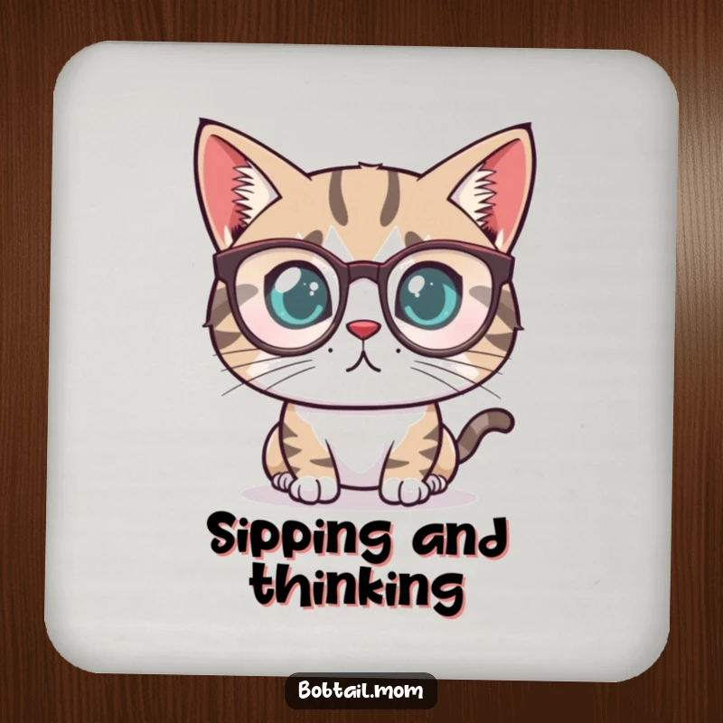 Funny Bobtail cat with a determined look wearing tiny reading glasses, featured on a protective, humorous drink coaster.