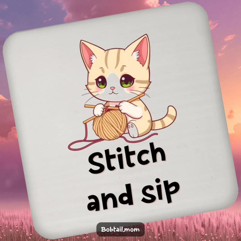 Funny bobtail cat with knitting needle and yarn, focused, designed for humorous and protective drink coasters for any table.