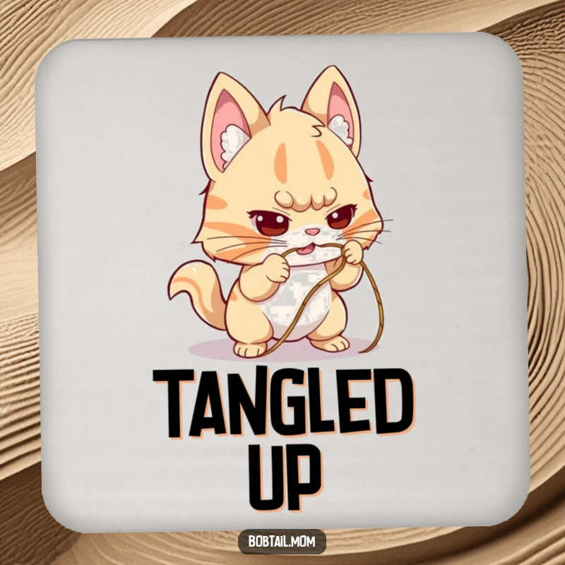 Funny Bobtail Drink Coasters showcasing a dog with a determined expression, trying to untangle a string, protecting surfaces with humor.