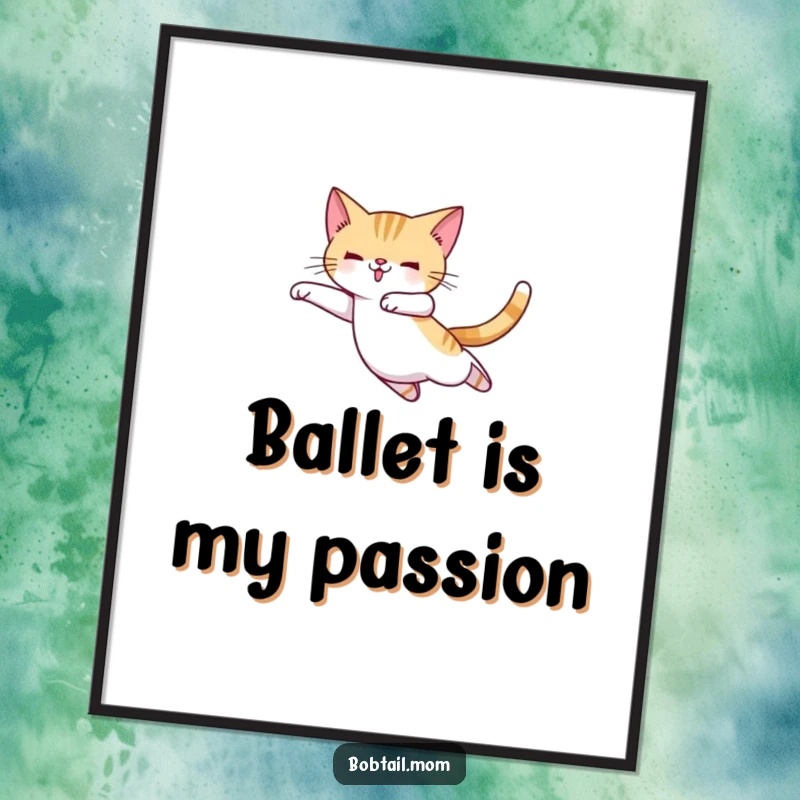Funny Bobtail cat wearing ballet slippers, captured mid-leap, adding elegant and humorous art to any space.
