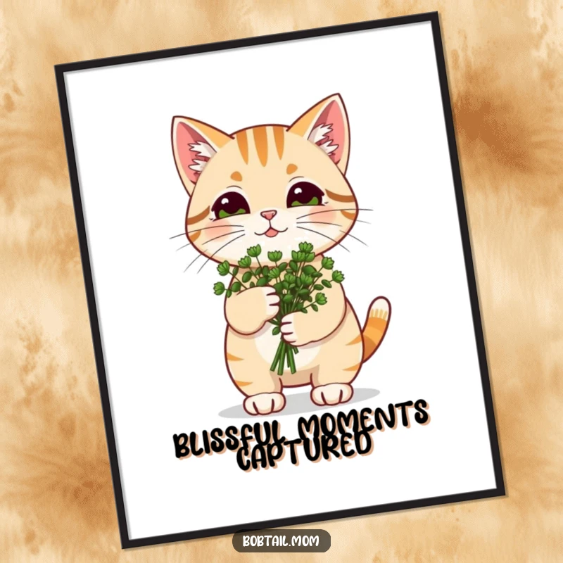 Funny Catnip Bobtail Cat Poster: Cat carrying catnip, bringing pure joy and humorous feline vibes to wall art.