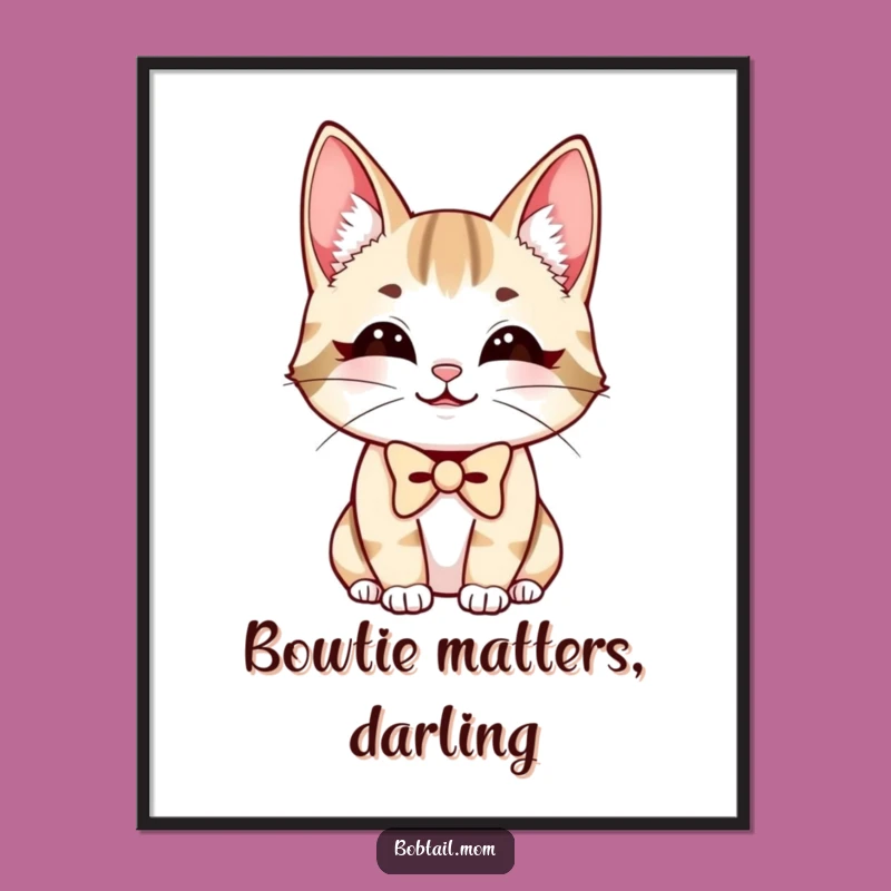 Funny Bobtail Cat Bowtie Poster: Charming Smiling Feline Wall Art, Unique Funny Gift