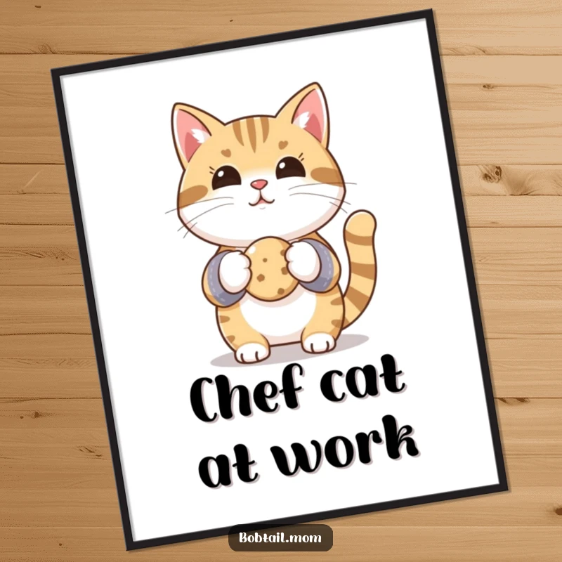 Funny Bobtail cat wearing oven mitts, holding a single cookie, adding a humorous and charming touch to wall art.