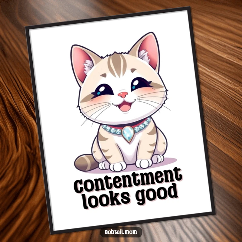 Funny Bobtail cat wearing a sparkling collar, smiling contentedly. Humorous wall art, great gift for happy cat owners.